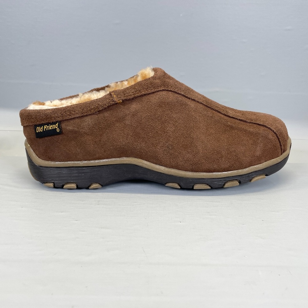 Old Friend Slippers House Shoes Womens Size 9 Brown Suede Fur Slip On Comfort